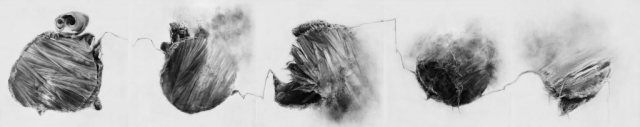 Histories of unfinished connections - pencil drawing about consequences on unfinished connections, depicting exploding wood, by Joanna Klepadło