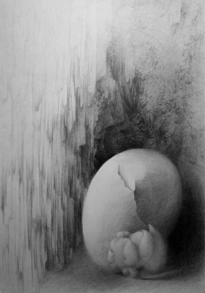 Pressure - pencil drawing depicting broken egg, by Joanna Klepadło